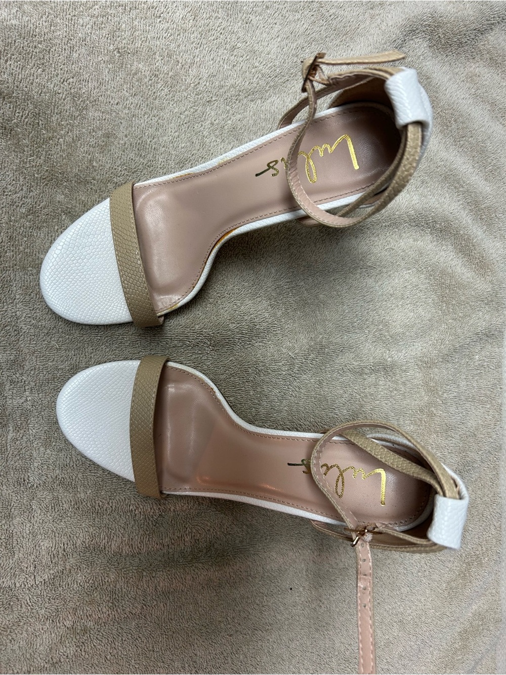 Lulu's White and Tan Ankle-Strap Heeled Sandals